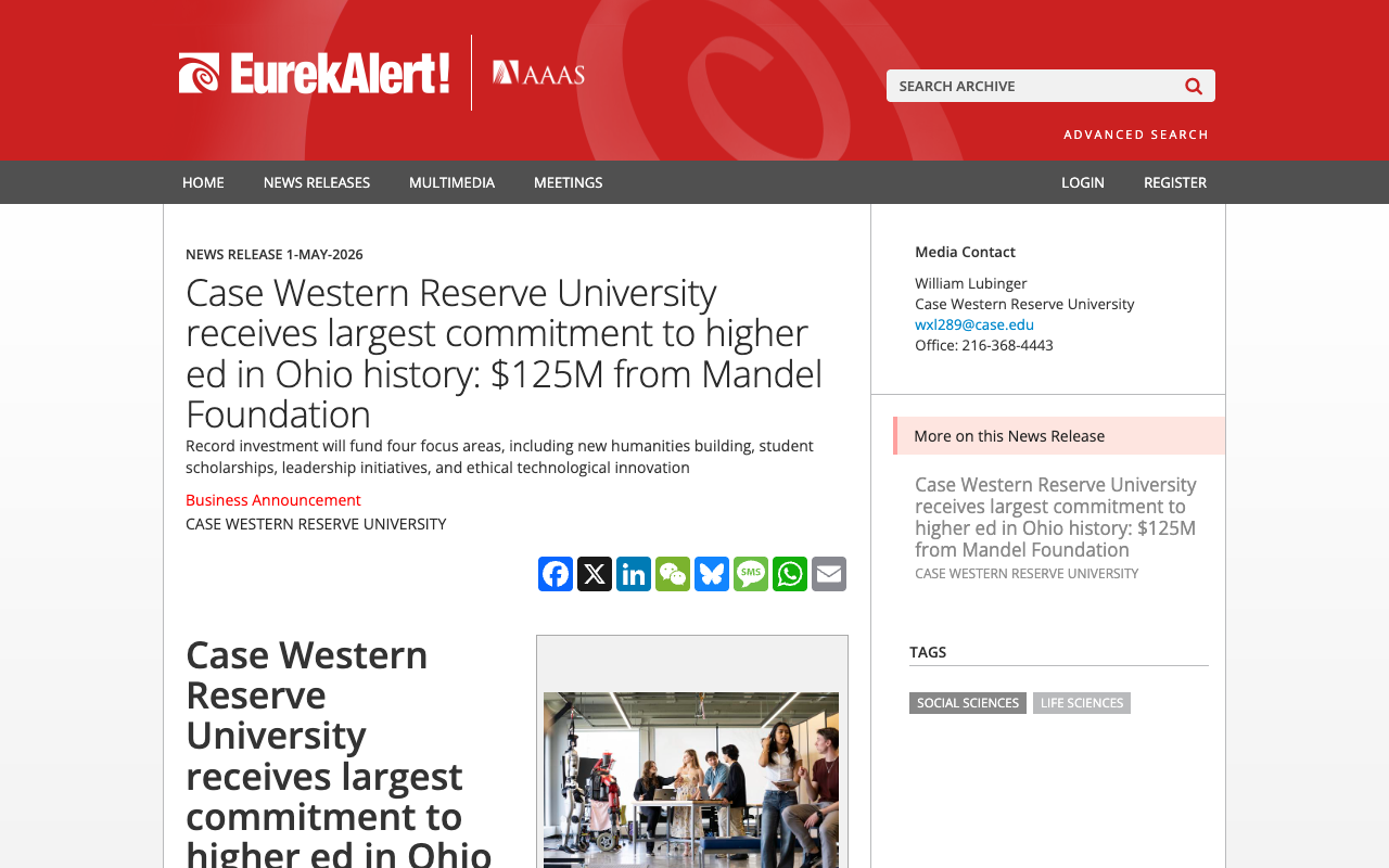 External distribution example: EurekAlert screenshot
