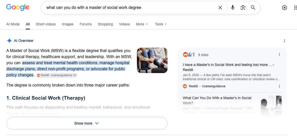 Google AI Overview example for a master of social work degree query