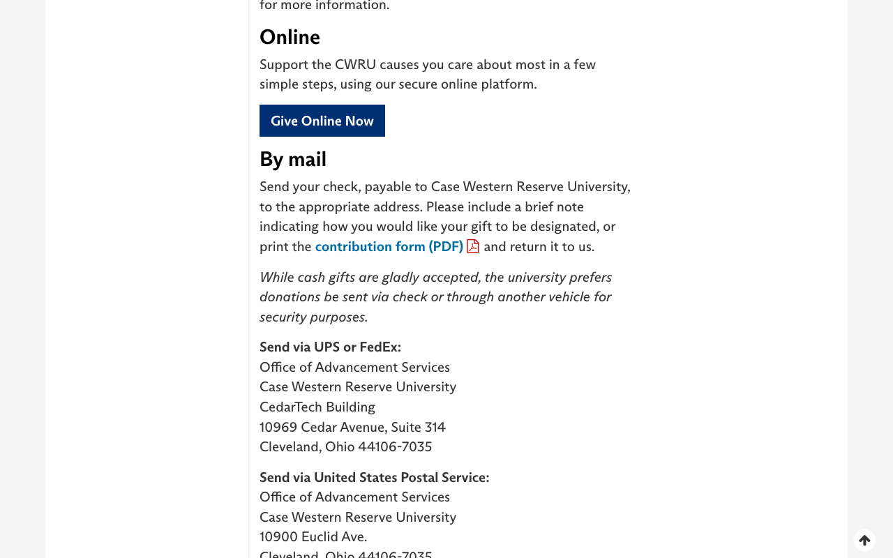 CWRU Ways to Give page example screenshot