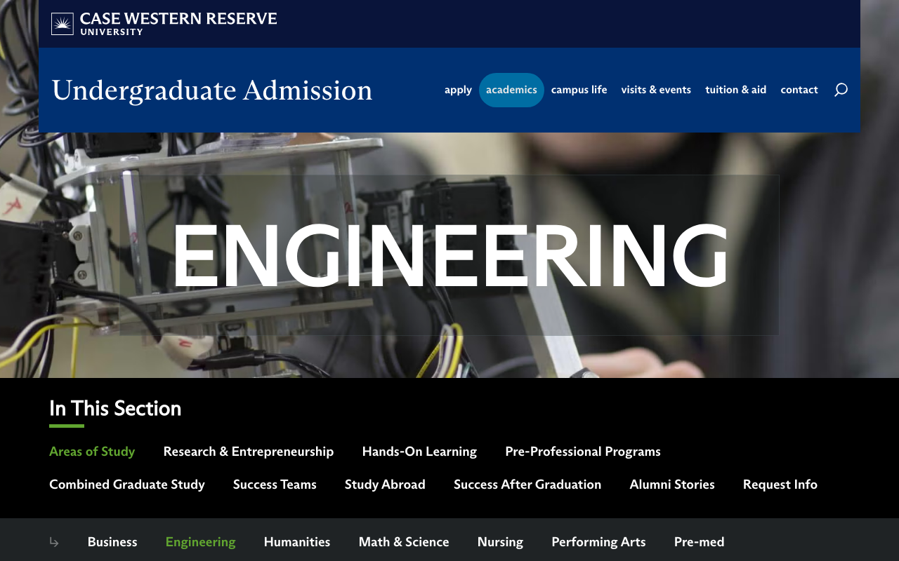 CWRU example: Engineering area of study screenshot