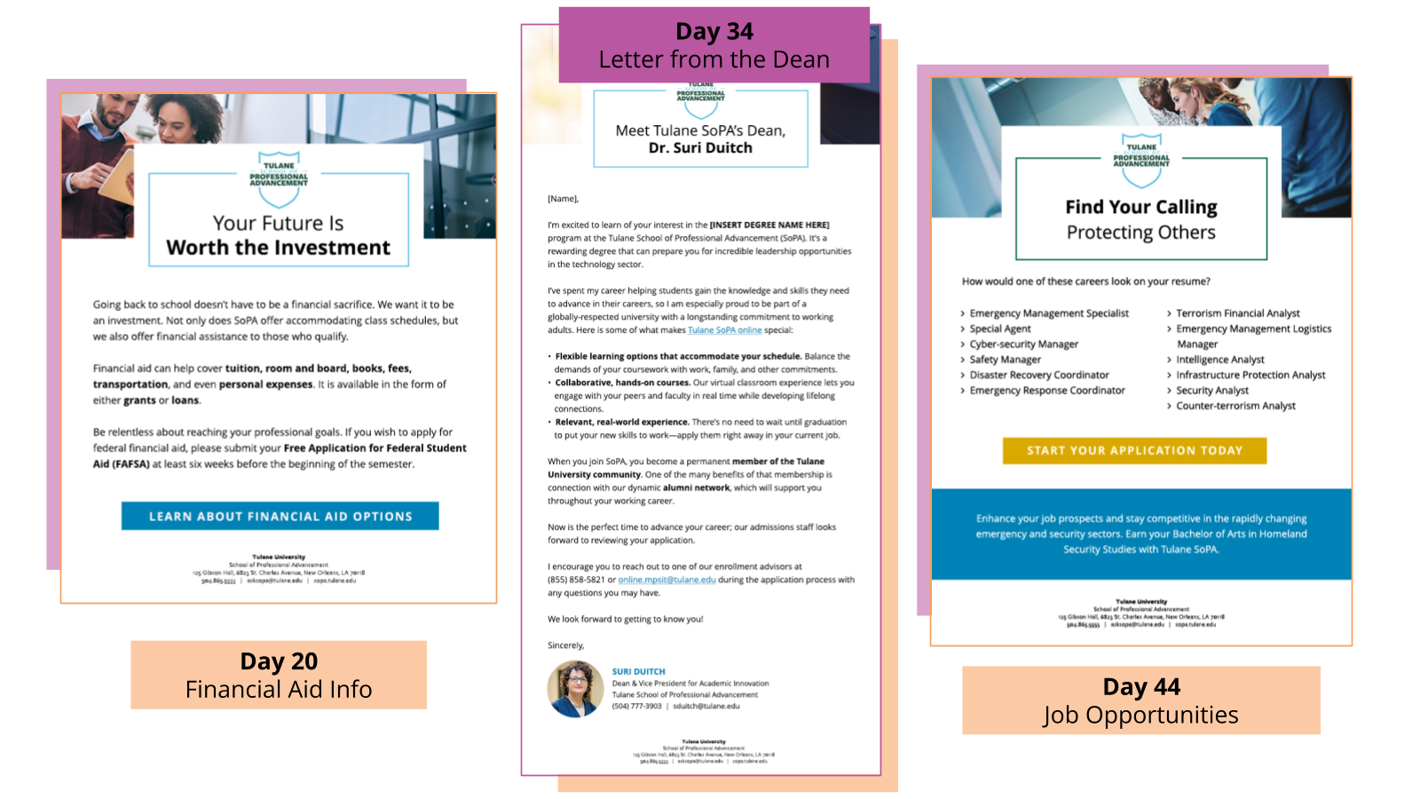 Sample nurture emails for financial aid, dean letter, and job opportunities