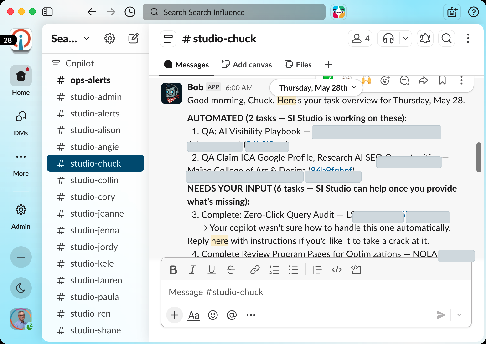Redacted Slack screenshot showing SI Studio task overview with customer names removed