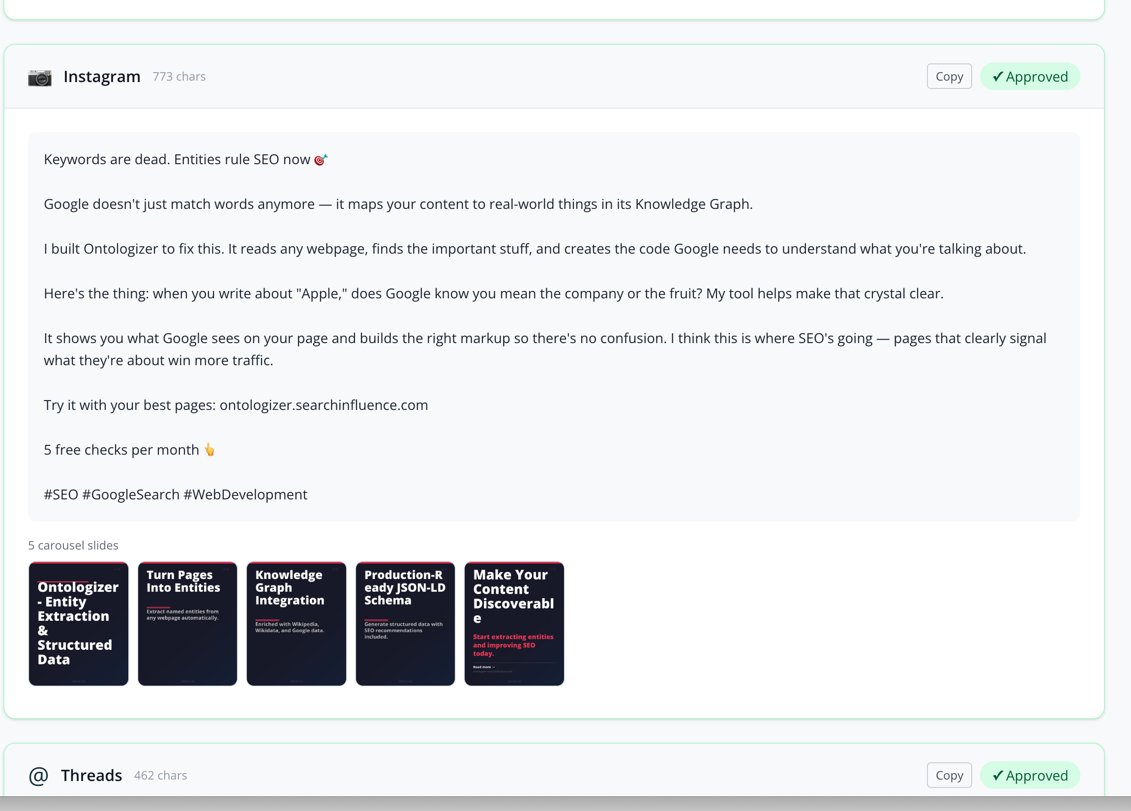 URL to Social screenshot showing multiple approved channel outputs