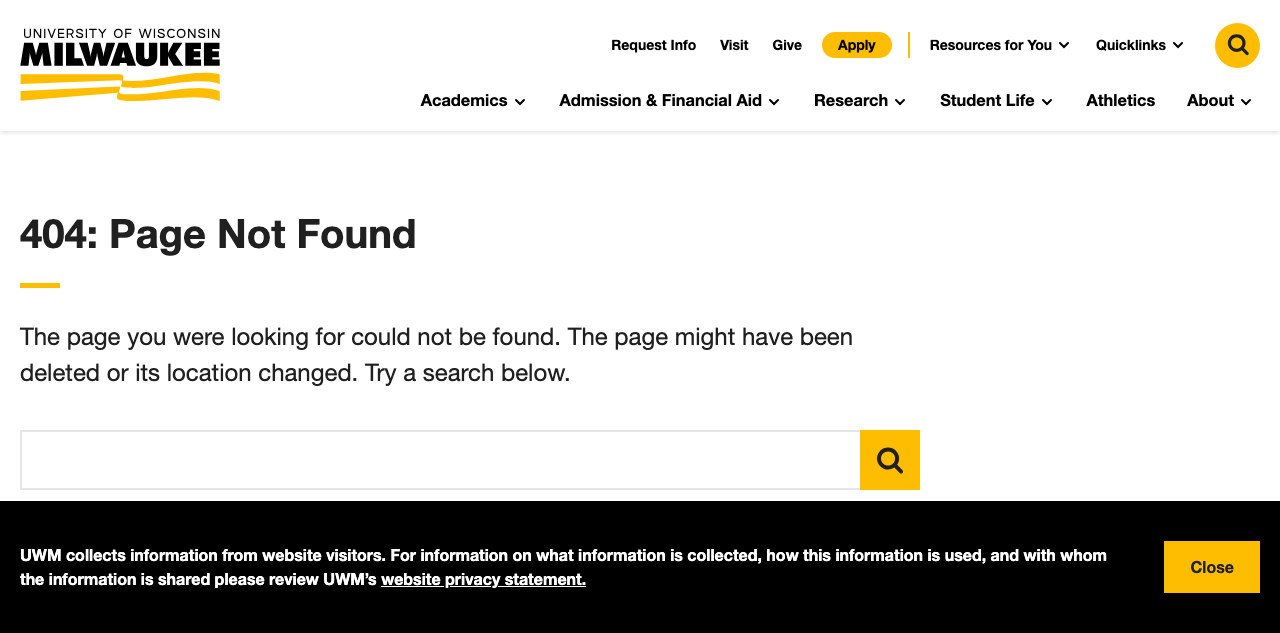 UWM 404 page screenshot